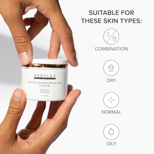 Hands holding a jar of microdermabrasion scrub with suitable skin types listed.