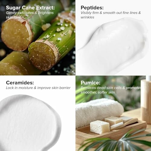 Collage of skincare ingredients: sugar cane, peptides, ceramides, pumice.
