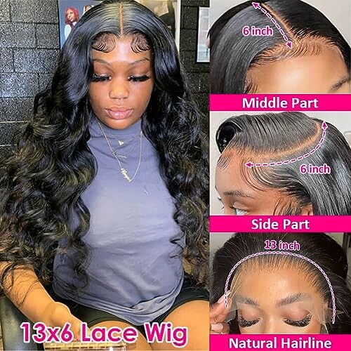 Woman wearing a 13x6 lace wig with middle and side part styles.