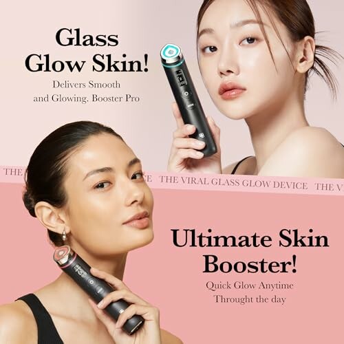 Two women holding glass glow skin booster devices.