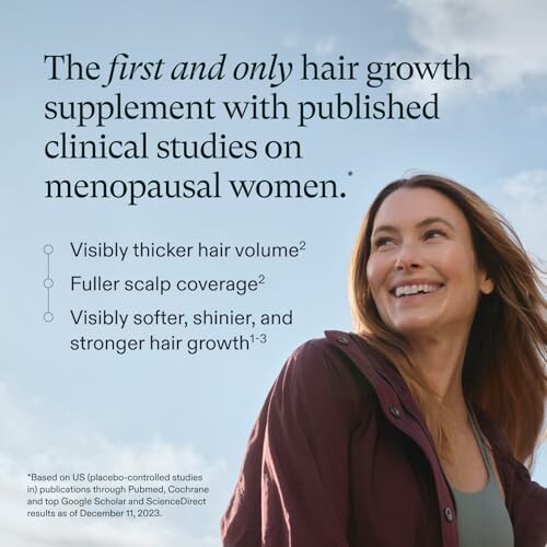 Woman smiling with text promoting hair growth supplement for menopausal women.