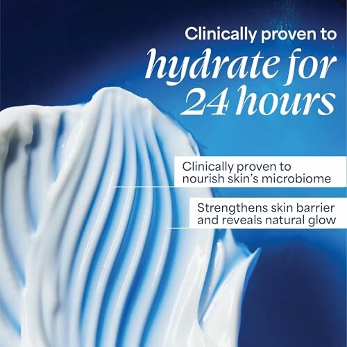 Cream texture with text about skincare benefits.