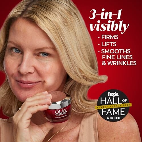 Woman holding Olay Regenerist cream, promoting firming, lifting, and smoothing benefits.