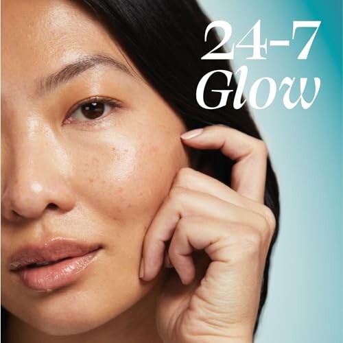 Close-up of a person showcasing clear, glowing skin with the text '24-7 Glow'.