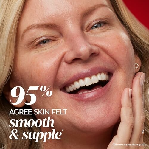 Smiling woman touching face, skincare advertisement with text claiming 95% agree skin felt smooth and supple.